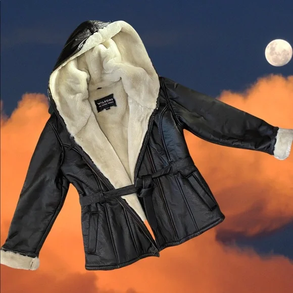 ❤️‍🔥FANTASTIC Vintage Wilsons Leather Faux Fur Lined Hooded Belted Winter Coat - Picture 9 of 14